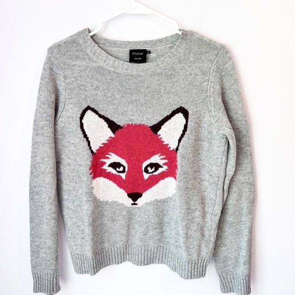 Gray and Red Crew Neck Sweater with Fox Design - Picture 1 of 6